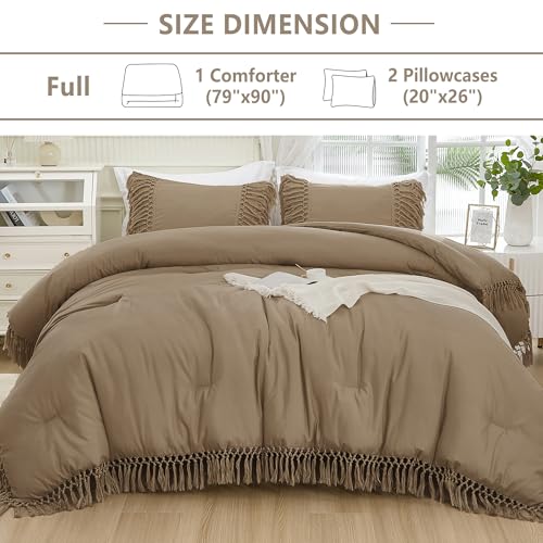 Image of Andency Taupe Full Size Comforter Set, 3 Pieces Boho Tassel Lightweight Soft Bedding Comforter Sets, All Season Fluffy Fringe Bed Set (79x90In Comforter & 2 Pillowcases)