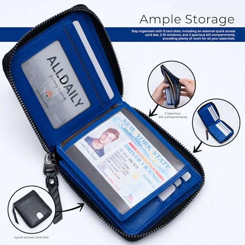 Image of Alldaily RFID Blocking Wallets for Men with Zipper Bifold RFID Card Holder (Black & Blue)