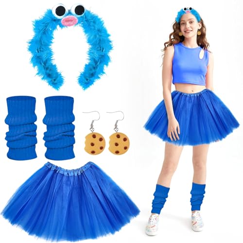 Krümelmonster Kostüm Damen,Krümelmonster Haarreif+Keks Ohrringe Krümelmonster+Tüllrock Blau+Stulpen Damen Blau,Krümelmonster Kostüm Accessories, Halloween Kostüm, Fasching Kostüm, Karneval Kostüm