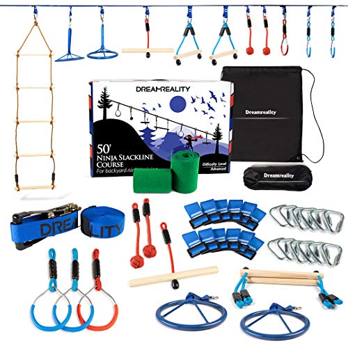 50' Ninja Slackline - Ninja Warrior Obstacle Course - 11 Accessories - Ninja Warrior Training Equipment for Kids - Strong Enough for Adults - Slack Line Kit - Backyard Ninja Playground