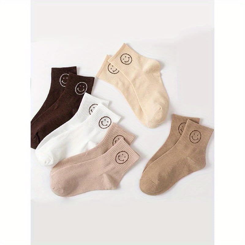 5Pair Unisex Mid - Calf Socks with Emoji Patterns for Outdoor & Daily Wear in Warm Colors - Comfortable, Stylish, Durable, ColorMixing4
