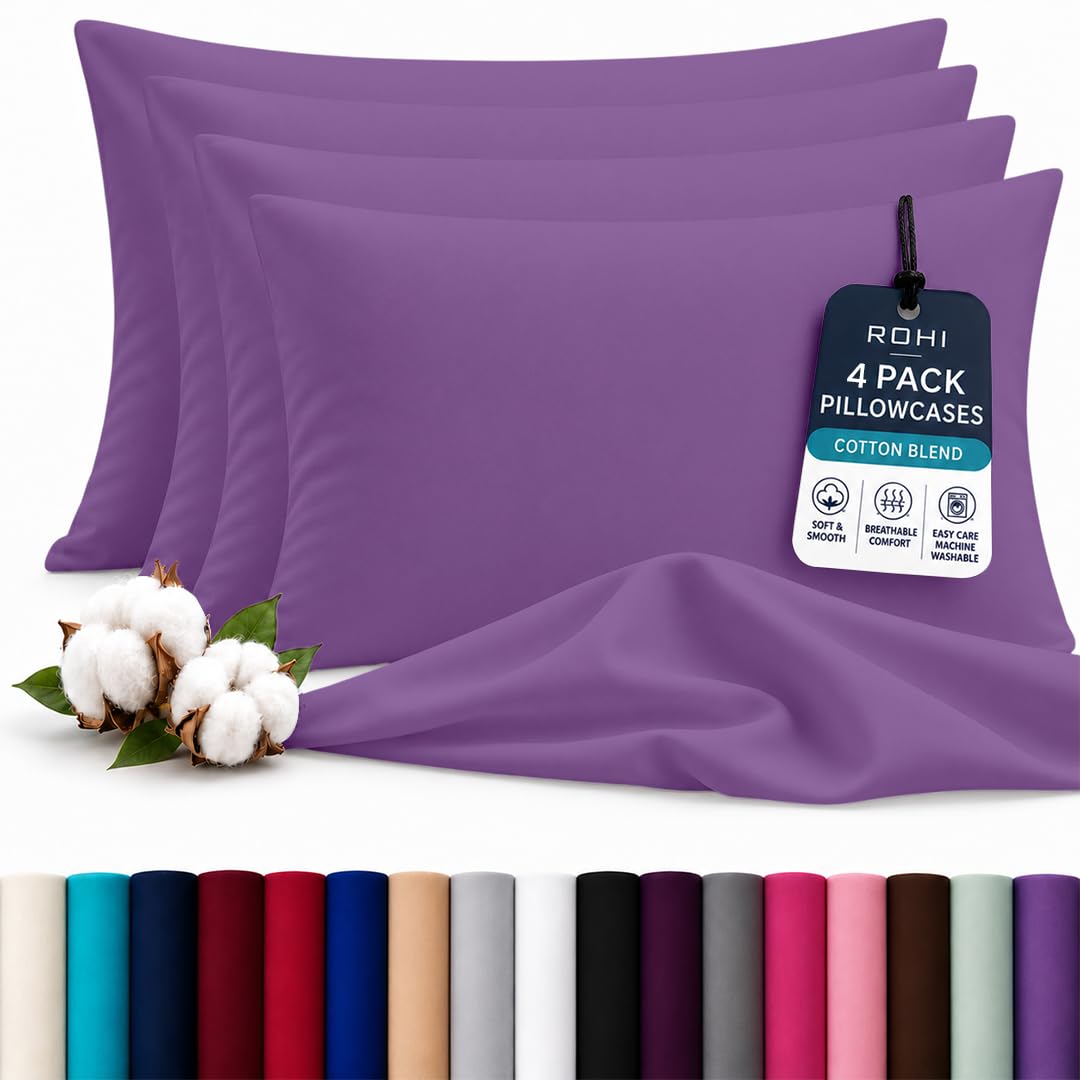 Rohi Luxury Lilac Pillow Cases 4 Pack - (50×75cm) | Soft & Comfy Cotton Blend Pillow Covers with Envelope Closure | Breathable, Anti-Allergy, Fade & Wrinkle Resistant
