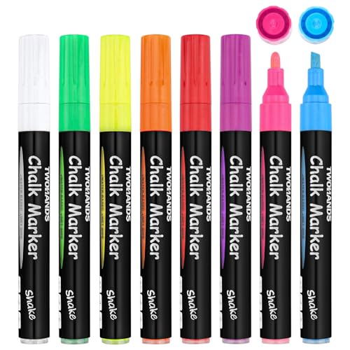 TWOHANDS Stylo Craie Pour Tableau Noir, Marqueurs à Craie liquide Couleurs Vives (Lot de 8), Pointe Réversible (3 mm＆4,5 mm), Feutre Effaçable pour Fenêtres, Tableaux, Enseignes, Verre, 19547