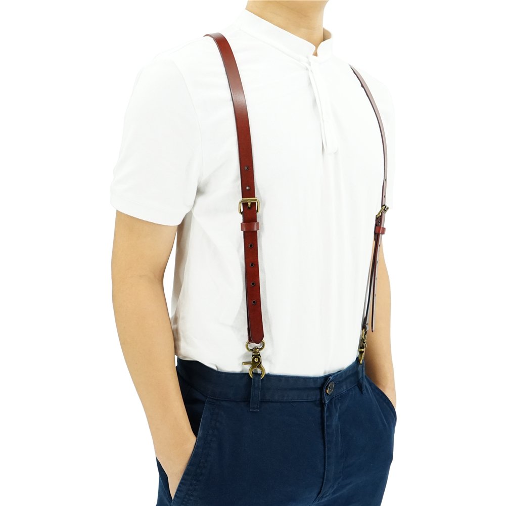Hosenträger für Herren und Damen, braun, Leder, Y-Form, Karabiner Haken, 1,8cm breit, british, englisch, klassisch Stil