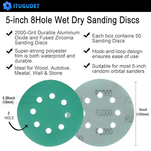 Image of 5 Inch 8 Hole 2000 Grit Zirconia Alumina Hook & Loop Sanding Discs, Heavy-Duty Polyester Film Backing, Wet /Dry Anti-Clog for Random Orbital Sanders - Wood, Automotive, Metal - 50 Pack