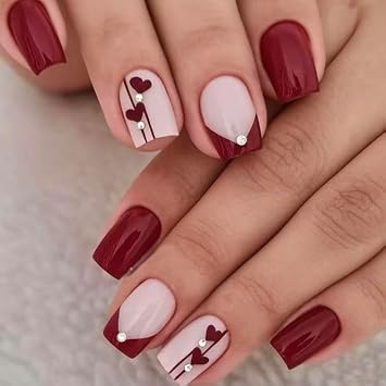Valentines Day Press on Nail Short Square Fake Nails Red False Nails with Rhinestones designs Acrylic French Tip Press ones Glossy Full Cover Reusable Glue on Nails for Women 24pcs