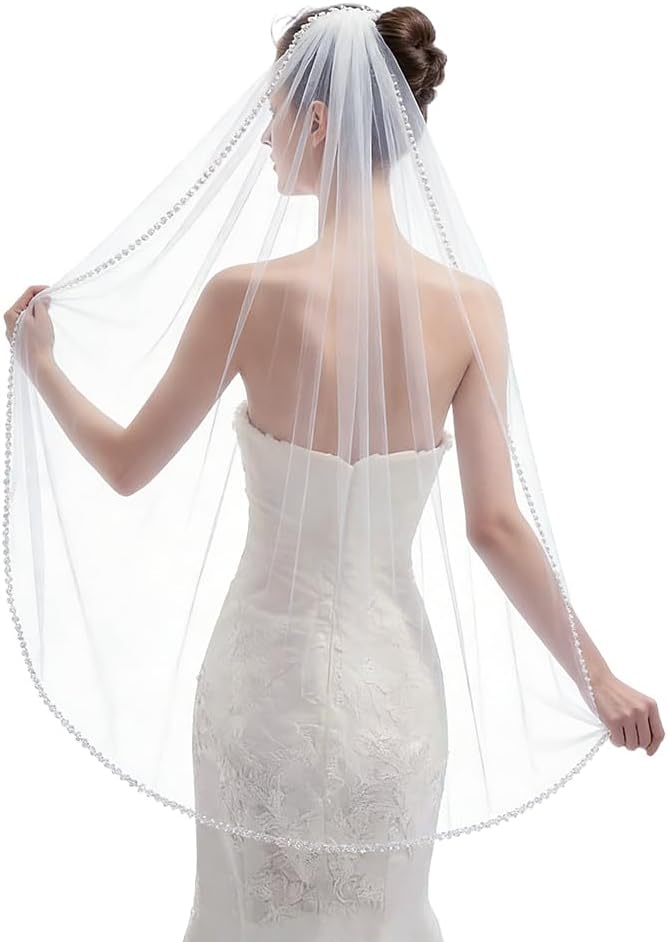 PH PandaHall Wedding Bridal Veil with Comb, Imitation Pearl Wedding Veil 37.4inch Short Organza Lace Veils for Bachelorette Party Bridal Shower Women, 1 Tier