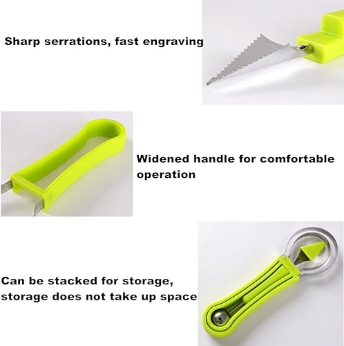 Miniatura 5 de Juego profesional de cucharas de melón 4 en 1, cuchillo de tallar, removedor de semillas de frutas de acero inoxidable, bailarina de melón de doble