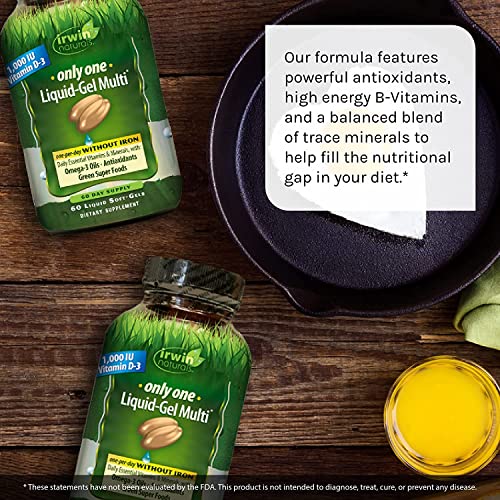 Irwin Naturals Only One Liquid-Gel Multi - No Iron Daily Essential Vitamins, Minerals, Antioxidants, Omega-3 & Green Super Foods - 60 Liquid Softgels With Pill Case #TOP3