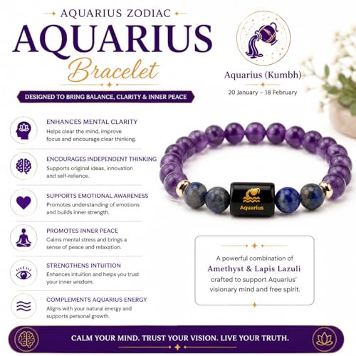 Image of Aquarius Zodiac Bracelet (कुंभ राशि) | Certified Healing Crystal for Calm, Clarity & Emotional Balance | Original Amethyst & Lapis Lazuli | Bracelet for Man & Woman | Gift for Man & Woman