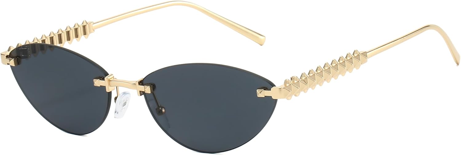 LJCZKA Retro Oval Sunglasses for Women Rimless Small Oval Cat Eye Sunglasses 90s Y2K Oval Narrow Metal Frame Glasses with UV Protection