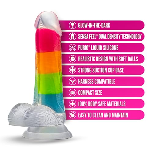 Image of Blush Neo Elite: Rainbow Rave 6.5 inch Silicone Dildo ~ 1.25 inch Wide Glowing Dildos ~ Suction Cup Strap-On Compatible ~ G-Spot Anal Vaginal Pegging Play ~ Night Pleasure Sex Toys Penis for Women Men Couples