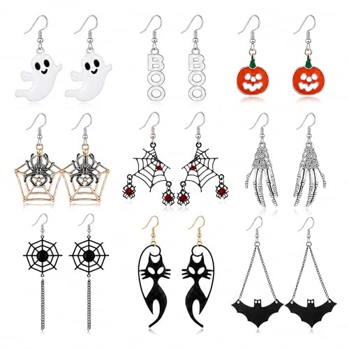 9Pairs Halloween Earrings for Women Skeleton Spider Pumpkin Ghost Bat Dangle Earrings Set Gothic Jewelry Halloween Accessories Costumes Woman 2026 Party Favors