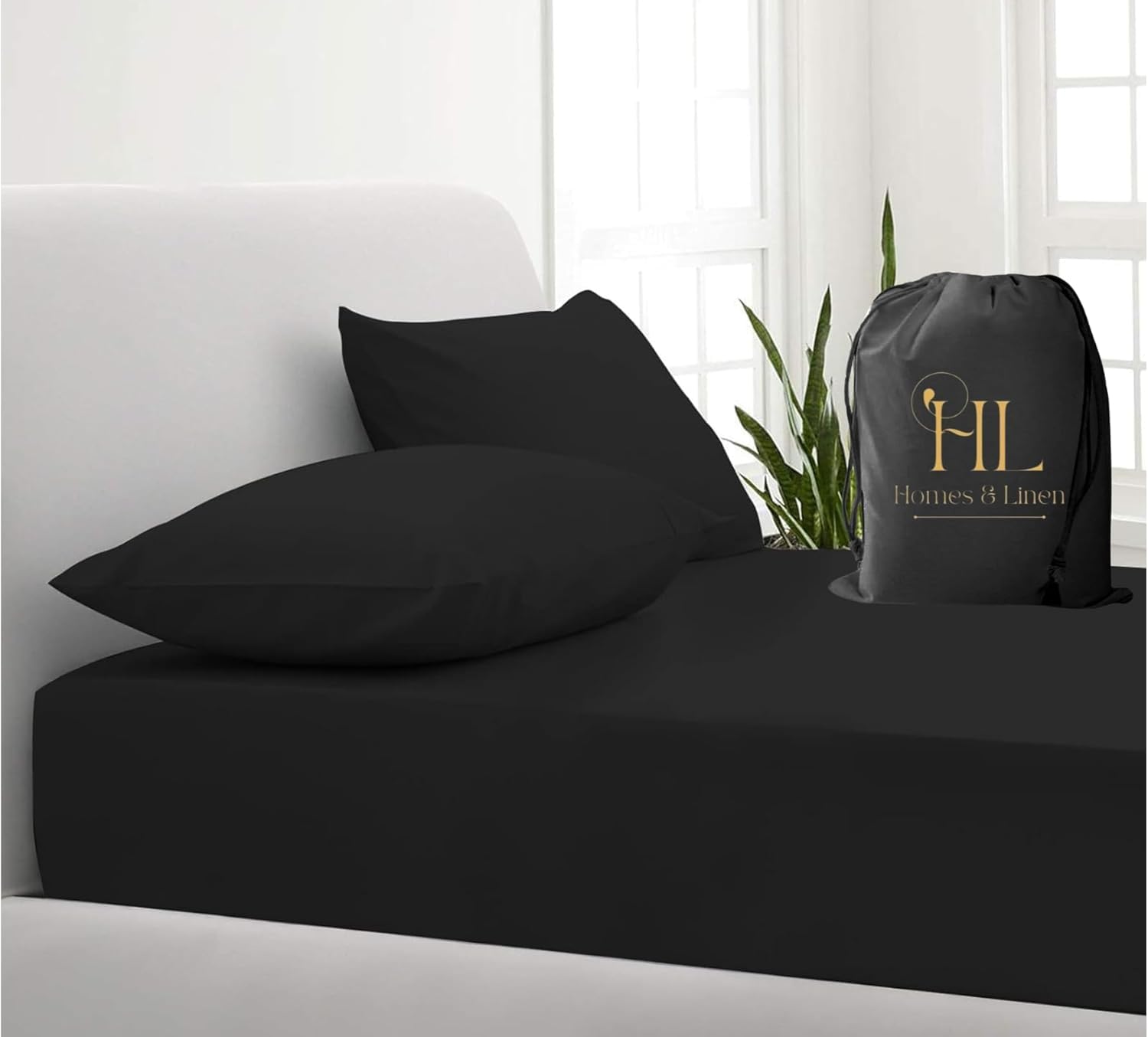 HOMES-LINEN Extra Deep 16” 40CM Fitted Sheet Percale Polycotton 180 Thread Count Soft Breathable Non-Iron Bed Sheet Deep Pocket Mattress Cover Hotel Quality Bedding (Black, King)
