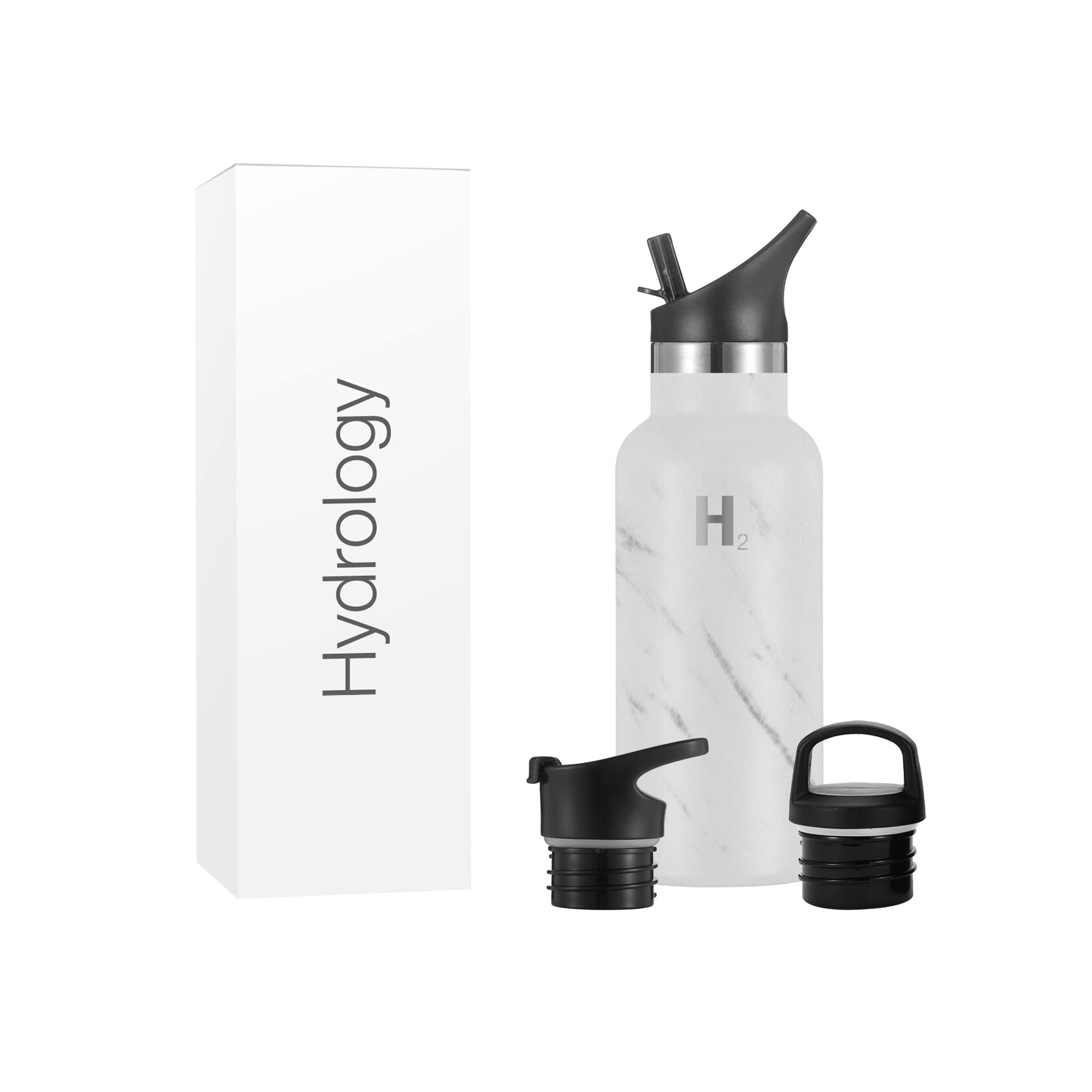 H2 Hydrology Narrow Mouth Water Bottle With 3 LIDS | Double Wall Vacuum Insulated Stainless Steel Water Bottle | Sports Water Bottle | Hot & Cold Leak Proof Sweat Free (16 oz, Marble)