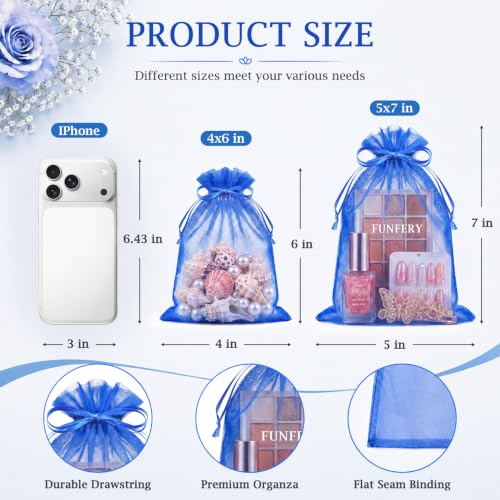Image of FUNFERY 100PCS Royal Blue Organza Gift Bags 5x7in,Drawstring Jewelry Pouch