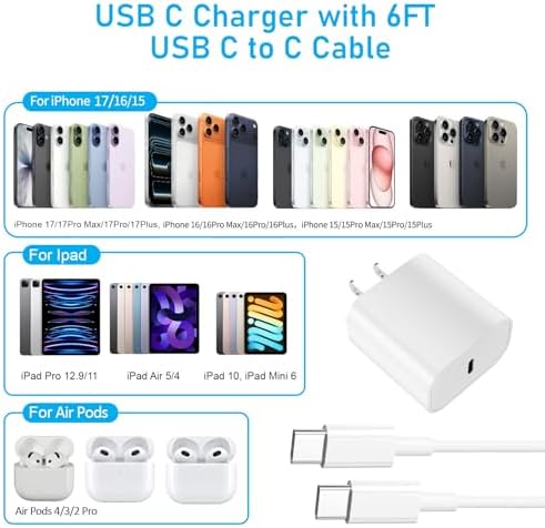 USB C Charger for iPhone 17 16 15, MFI Certified 20W Type C Charger Fast Charging Block with USB C to C Cable for iPhone 17/16/15 Pro Max/15/16 Pro/15/16 Plus/Pad Pro 12.9/11/Air and More — view 3