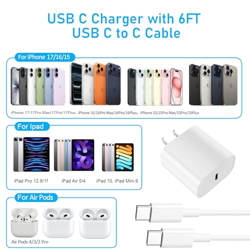 USB C Charger for iPhone 17 16 15, MFI Certified 20W Type C Charger Fast Charging Block with USB C to C Cable for iPhone 17/16/15 Pro Max/15/16 Pro/15/16 Plus/Pad Pro 12.9/11/Air and More view 5