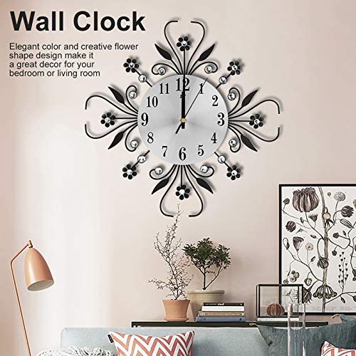Diamond-studded Metal Needle Wall Clock, Modern Fashion Round Design Silver Diamond Flower - Image 2