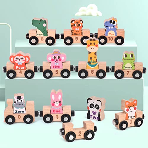 Atoylink 11 Pcs Wooden Train Cars Set Toddlers Magnetic Animal Train Toys Number Matching Montessori Educational Toys Kids Boys Girls Age 3 4 5 #TOP3