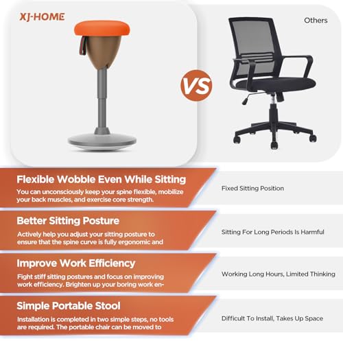 Image of XJ-HOME Height Adjustable Active Motion Stool, Standing Desk Wobble Chair, Ergonomic Stand Perch Sit Rotate 360 Balance Stool with Cushion & Non-Slip Base for Office Home Classroom Orange(Brown base)