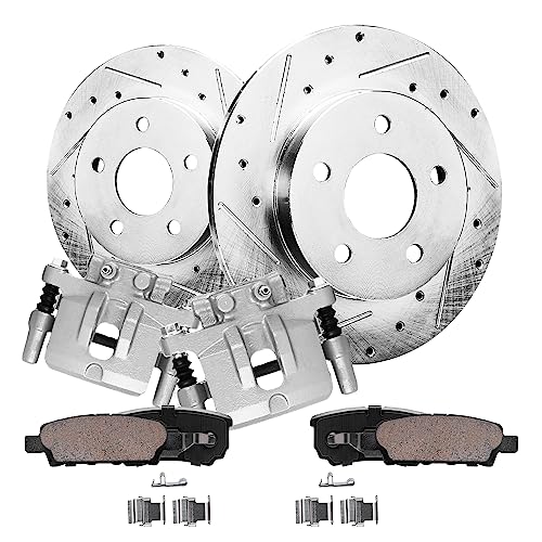 Image of Detroit Axle - Rear Drilled & Slotted Rotors Brake Pads Calipers | Replacement for Jeep Compass Patriot Dodge Avenger Caliber Chrysler 200 Sebring