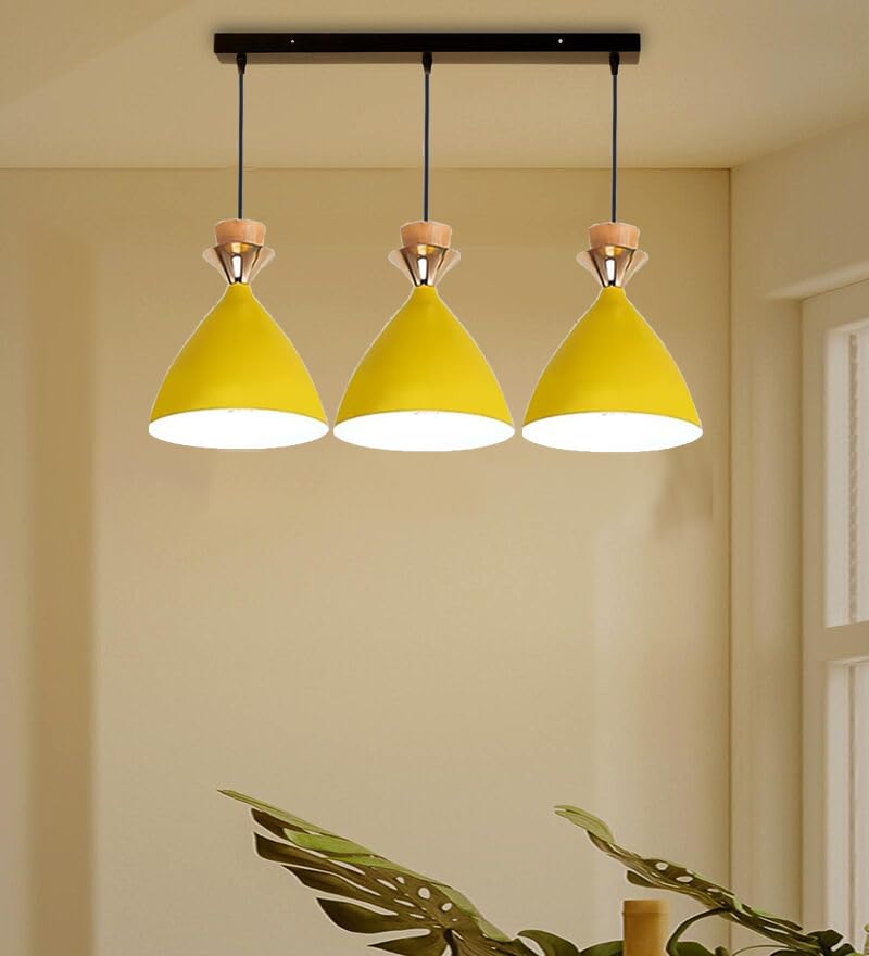 Image of Modern Yellow Dome Hanging Pendant Light for Ceiling, Aluminium, Antique Decor, E-27 Holder, (Bulb is not Included) 3 Light Linear Set