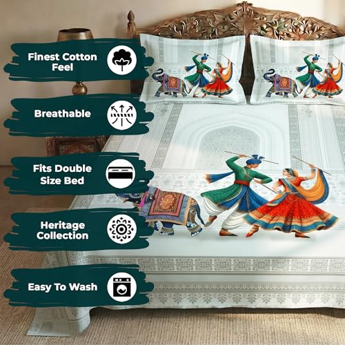 Image of Story@Home Rajasthani Theme Jaipuri Bagru Sanganeri Traditional Print Double Bedsheet 250x225 cm with Pillow Covers | Cotton Feel 240 TC Fabric | Grey Ethnic Motif | Soft & Durable