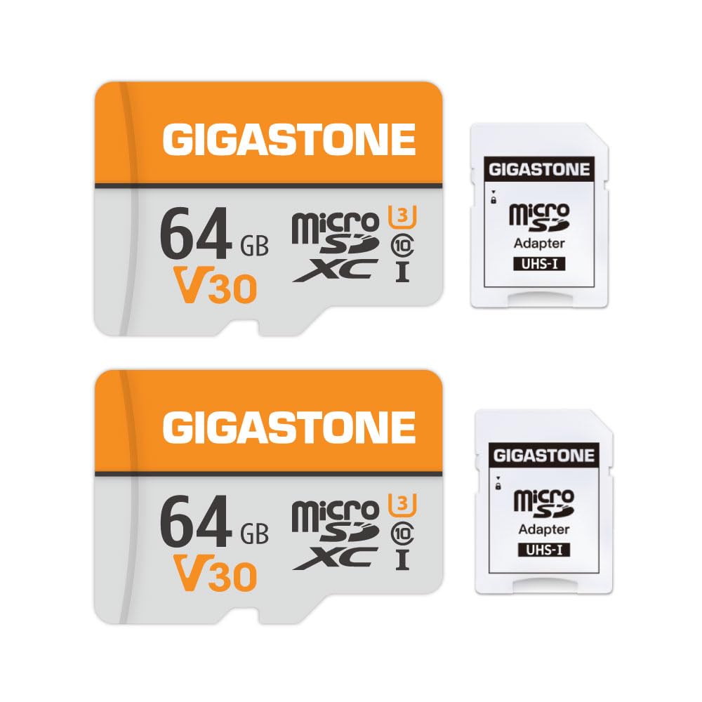 GIGASTONE Carte Micro SD 64 Go Lot de 2, V30 Enregistrement Vidéo 4K, pour Surveillance, Caméra de Sécurité, Dashcam et Drone, Carte Mémoire MicroSDXC UHS-I Classe 10 Jusqu’à 95 Mo/s, avec Adaptateur
