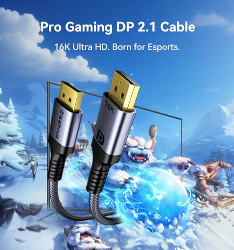 Image of 6FT Displayport to Displayport 2.1 Cable, 80Gbps Display Port to Display Port Cable, 16K@60Hz /8K@120Hz /4K@240Hz /2K@360Hz DP to DP 2.1 Cord for DP80, HDR, DSC, FreeSync Gaming Monitor, 5090, 7900XTX
