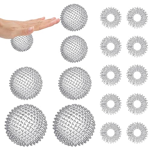 6 Bolas Magnéticas De Acupresión y 10 Anillos De Masaje, Bola De Masaje De Manos, Bola De Terapia De Acupresión, Para Aliviar Las Manos y Los Pies De Adultos y Niños (Plata)