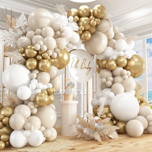 Image of 412pcs Sand White Gold Balloon Arch Kit, 18 12 10 5 Inch Different Size White Metallic Gold Latex Balloon for Boho Neutral Baby Shower Wedding Bridal Shower Birthday Decorations