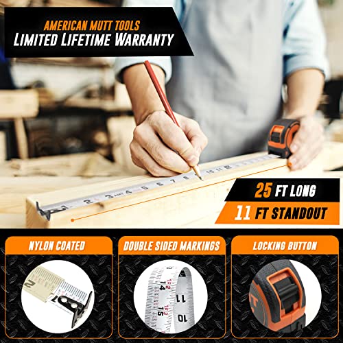 American Mutt Tools Magnetic Tape Measure 25 Ft - Easy Read Tape Measure Double Sided Nylon Coated Inch Foot Tape Measure With Fractions And Magnetic Tip Tape - Heavy Duty Measuring Tape Retractable #TOP2