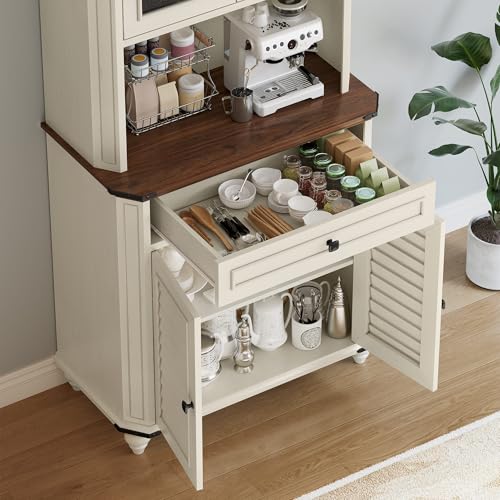 DWVO 67" Kitchen Bakers Rack Microwave Stand with Storage Cabinet, Farmhouse Pantry Buffet Cabinet, Coffee Bar w/Shutter-Doors, Kitchen Hutch w/Charging Station for Living Room, Dining Room, White