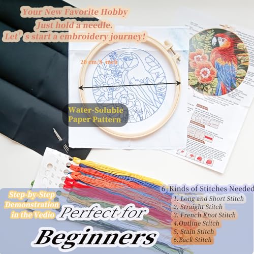 Image of FONNUY Embroidery Kit for Beginners, Birds with Flowers Pre-Stamped Pattern Kits for Adults with Hoop, Easy to Follow Color Thread Needlework, 8'' Hoop (Red Parrot)