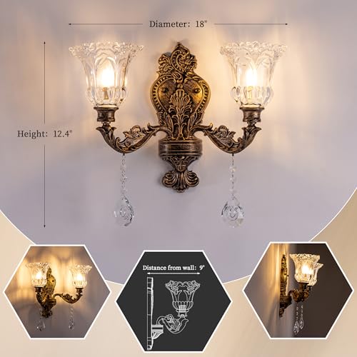 Image of Wellmet 2-Lights Bronze Wall Sconce, Retro Wall Light, Bathroom Vanity Wall Lamp, Wall Light Fixtures for Living Room, Bedroom, Hallway, Bathroom, Stairway, W-18in (Bulb not Include)