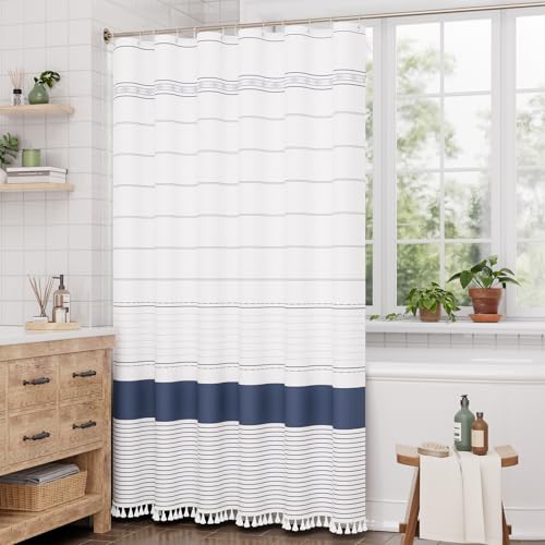 Image of AmazerBath Boho Shower Curtain Set, Rustic Faux Linen Navy Blue Striped Shower Curtain with Hooks, Modern Farmhouse Shower Curtain with Tassels, White Base Toned, 72x72 Inches