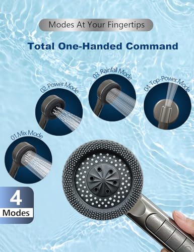 Regadera de alta presión, regadera manual con control de una sola mano y 4 modos, con filtro para agua dura, sistema integrado de limpieza a presión para mascotas o baños, incluye manguera y soporte (gris) miniatura 4