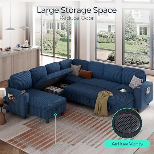 Image of LINSY HOME Sectional Sleeper Sofa with Pull Out Couch Bed - Convertible Plush Corduroy Cloud Couch with Storage Chaise & USB Charging, Comfy Modular Couches for Living Room, Blue