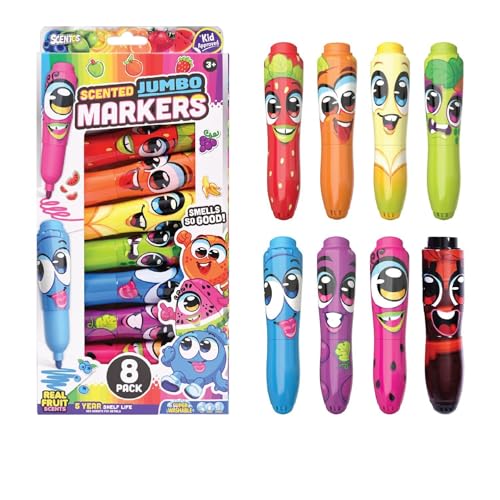Scentos Scented Jumbo Markers 8 Pack With Fruit Scent 8 Colors Different Fruity Each Washable Markers Marker for Kids Kid Approved Non Toxic Chunky Design for Little Hands Super Washable Ink.
