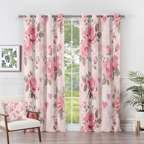 Floral Curtains for Bedroom - Pink Rose Flower Botanical Blackout Curtains 66 x 90 Inch (Width x Drop) 2 Panels, Romantic Garden Eyelet Drapes