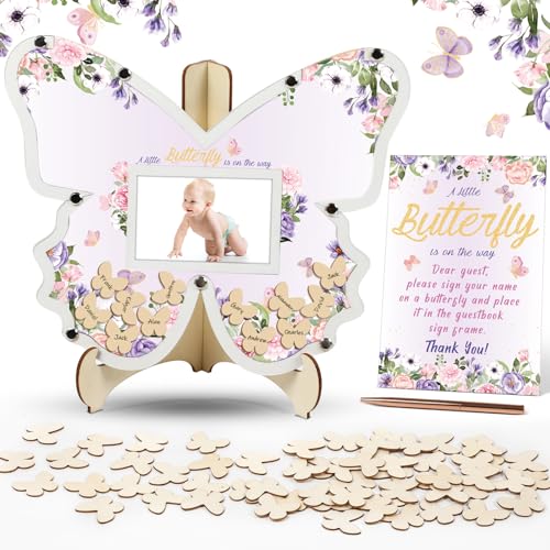 64 PCS Butterfly Baby Shower Decorations Guest Book Alternatives for Baby Shower Girl Wooden Baby Shower Sign in Photo Guest Book Baby Shower Picture Frame Keepsakes for Guests Birthday Favors, Purple