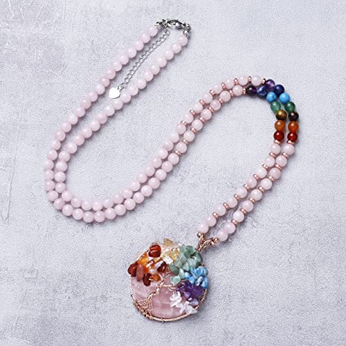 Image of Top Plaza 7 Chakra Healing Crystal Natural Round Gemstone Pendant Necklace Tree of Life Copper Wire Wrapped Beads Necklaces Reiki Jewelry for Women