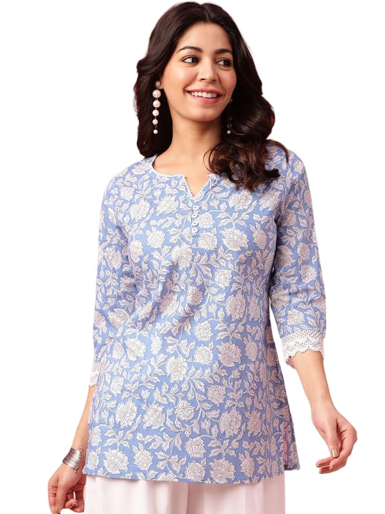 brownera BlushPetal Printed Rayon Ensemble, Lace & Button work with 3/4 Sleeves, Casual Wear (IN, Alpha, 2XL, Regular, Sky Blue)-picture-14