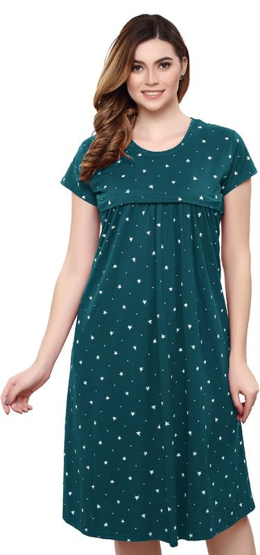 Image of TIGYWIGY Women's Cotton Printed Knee Length Maternity /Feeding /Nursing Nighty
