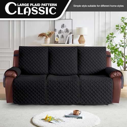 Image of KinCam Recliner Sofa Covers for 3 Seat, 100% Waterproof Reclining Couch Covers, Non-Slip Recliner Couch Cover Furniture Protector with Elastic Straps for Pets, Kids, Black