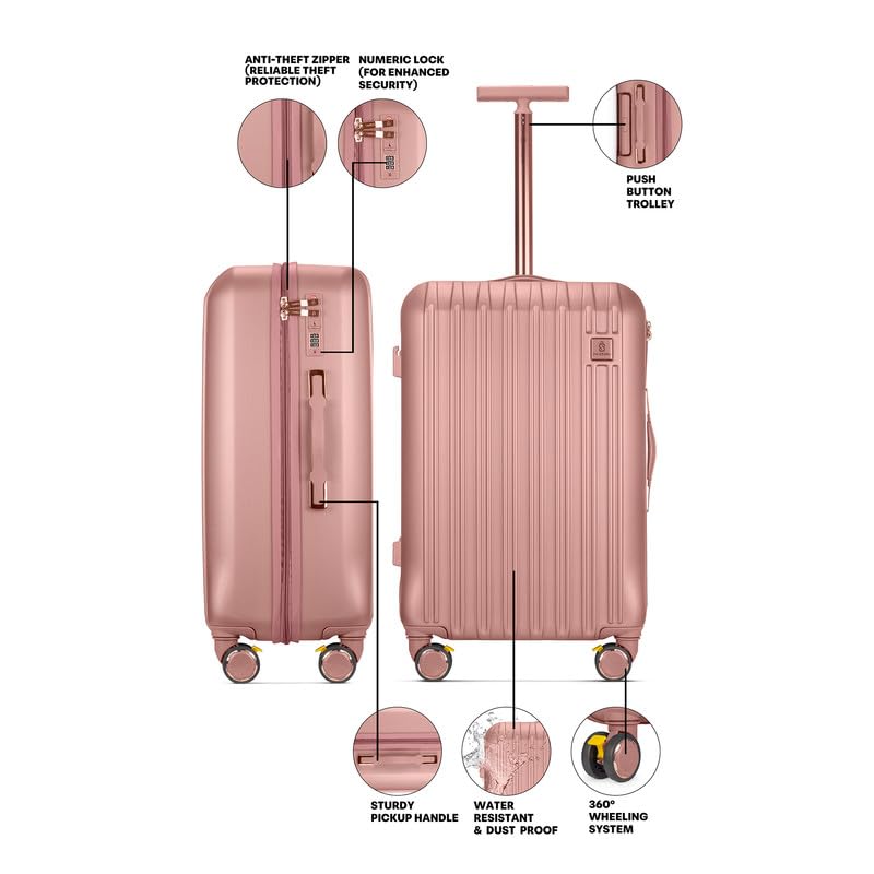 Image of Swiss Era Hard Shell Luggage 65 Cms - Premium ABS Spinner 8 Wheels Single Rod Rose Gold Accessories Trolley Bag 24 Inches - Lightweight Trolley Bag for Flight - Rose Gold|24