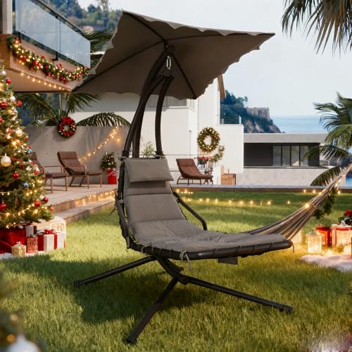 GarveeLife Chaise Lounger Swing Chair with Umbrella Canopy Patio Hanging Chaise Lounger Chair with Stand Curved Steel Outdoor Lounge Chairs for Indoor Patio Pool Garden Backyard Porch