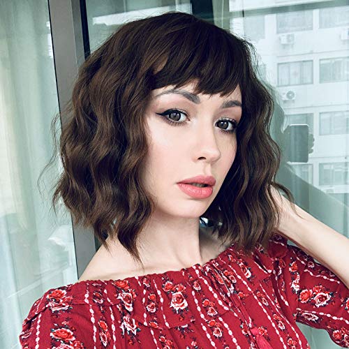 Light Brown with Bangs Synthetic Bob Curly Short Wavy Bob Pastel Wig Medium Length Wigs for Women Natural Looking Heat Resistant Fiber Hair for Colorful Cosplay Wigs(12-light brown)