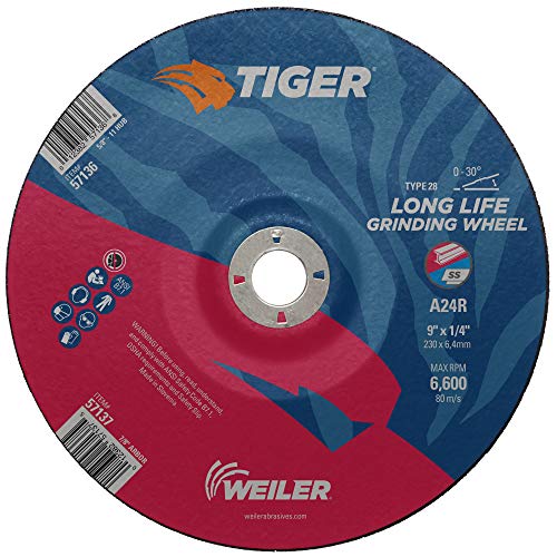 Image of Weiler 57137 9 inchX1 /4 inch, Tiger Type 28 Grinding Wheel, A24R, 7 /8 inch A.H. (Pack of 10)
